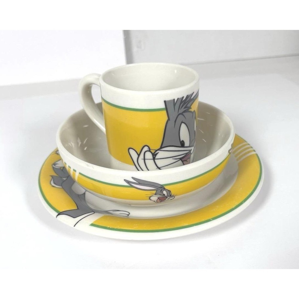 Looney Tunes Bugs Bunny Kids Dish Set 3-Piece Plate Bowl Cup Gibson 1998